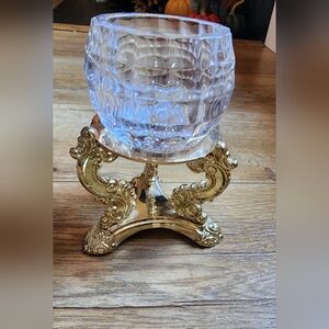 Vintage Godinger Gold Tone Stand/Holder 3" + Thick Glass Bowl/Candle Holder 2"